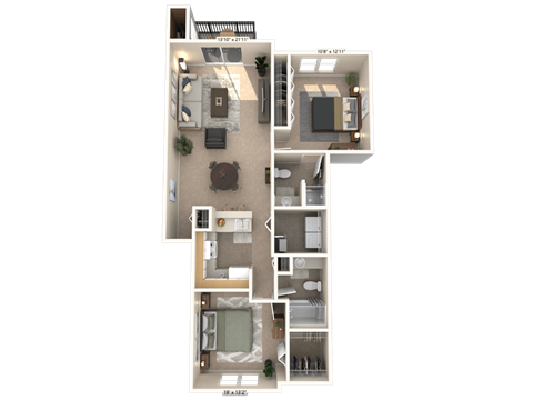 Floor plan for 2 beds, 2 baths, 1017 sqft